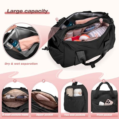 Small Gym Bag for Women, Min Duffle Bag with Wet Compartment - color: Black