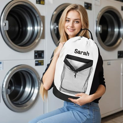 Personalized Laundry Bag Heavy Duty Custom Graduation University XL Bag Backpack with Hanging Shoulder Strap & Mesh Pocket - Back to School College Graduation Gift - Choose Your Font & Thread Color - color: White