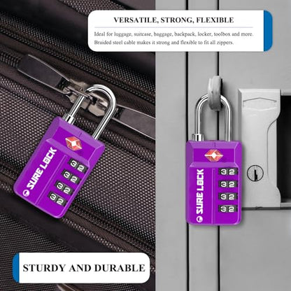 SURE LOCK TSA-Approved 4-Digit Resettable Combination Lock with Open Alert, Easy-Read Dials - for Luggage, School Lockers, Gym, Office, Toolbox & Security Cases (Dark Purple 2 Locks) - color: Dark PURPLE 2 PACK