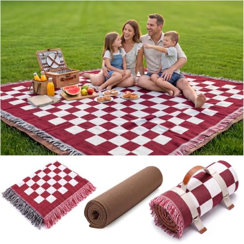 RYCHIC 2 in 1 Extra Large Outdoor Rug Picnic Blanket Camping Mat Lightweight Oversized Giant Turkish Boho Beach Mexican Serape Cobijas Mexicanas para Mesa Park Stadium Outside Festival Grass Hammock - color: Checkered Red