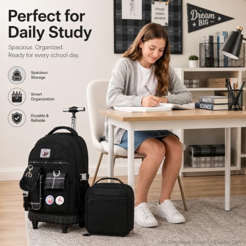 AGSDON Rolling Backpack for Girls, 21" Women Roller Wheels Bookbag, Laptop Wheeled Suitcase School Backpacks with Lunch Bag for Teens - color: Square Black