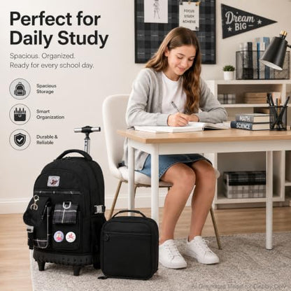 AGSDON Rolling Backpack for Girls, 21" Women Roller Wheels Bookbag, Laptop Wheeled Suitcase School Backpacks with Lunch Bag for Teens - color: Square Black
