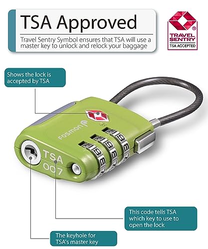 Fosmon TSA Approved Luggage Locks, Cable Suitcase Travel Lock, 3 Digit Long Shackle Combination Padlock, Wire Lock for Gym Locker, Backpack Anti Theft - style: 4 Pack - Multicolor