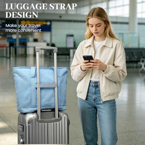Large Canvas Tote Bag for Women, Beach Bag with Zipper, Utility Tote Bag with 3 Front Pockets, Weekender Pool Bag - color: Blue