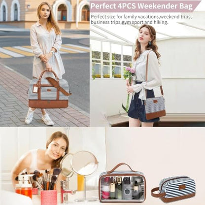 4PCS Weekender Bags for Women Large Overnight Weekend Travel Duffel Bags - color: Blue White Stripe