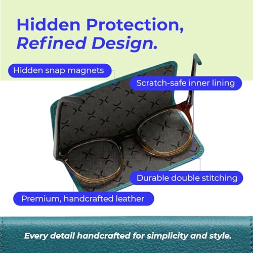 Luxury Slim Leather Glasses Case | Handmade Full-Grain Leather Eyewear Wrap with Magnetic Closure & Gift Box - color: Teal