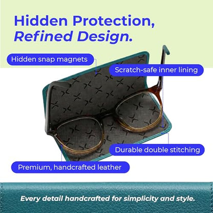Luxury Slim Leather Glasses Case | Handmade Full-Grain Leather Eyewear Wrap with Magnetic Closure & Gift Box - color: Teal