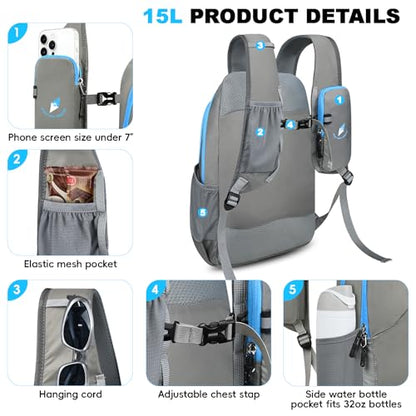 Seektop 15L Foldable Lightweight Hiking Backpack for Men and Women - color: Gray