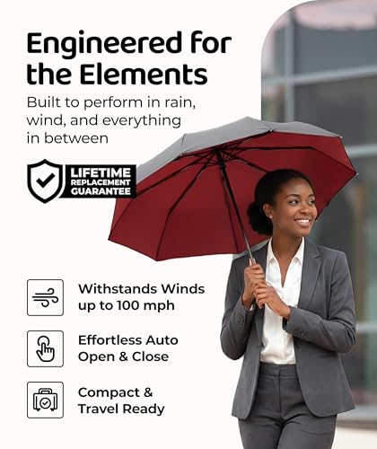 Windproof Travel Umbrella - Compact & Withstands Winds up to 100MPH, Strongest Premium Auto Folding Umbrella for Rain and Sun - Durable, Light & Portable for Women & Men, Fits Backpack & Cars - color: Black + Red 1-Pack