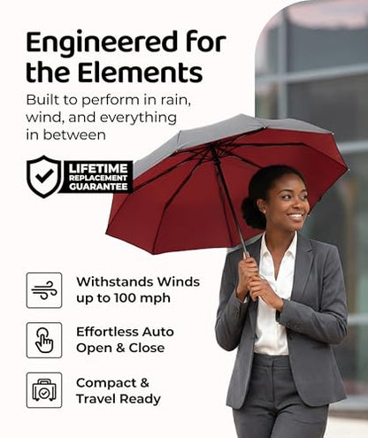 Windproof Travel Umbrella - Compact & Withstands Winds up to 100MPH, Strongest Premium Auto Folding Umbrella for Rain and Sun - Durable, Light & Portable for Women & Men, Fits Backpack & Cars - color: Black + Red 1-Pack