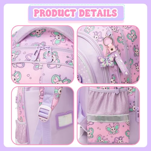Meetbelify Rolling Backpack for Girls Butterfly Backpack with Wheels Kids Purple Roller Suitcase Travel Luggage for Elementary Student Ages 6-8 - color: Butterfly