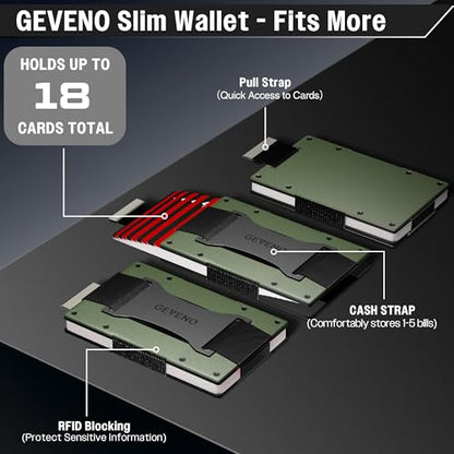 Slim Ridge Wallet for Men–Metal Minimalist RFID 1–21 Card Holder - color: Olive Green, style: Cash Strap