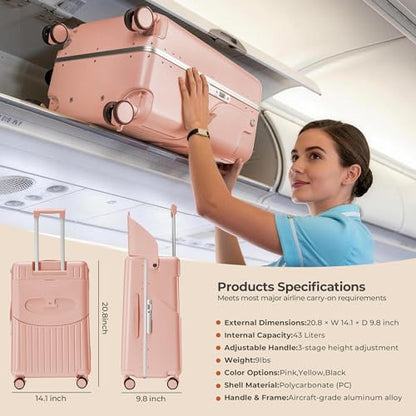 20" Ride-On Luggage with Child Seat, Hardside Carry-On Suitcase with Shockproof 360° Silent Spinner Wheels, TSA Lock, Kids & Adults & Busy Moms - color: Pink