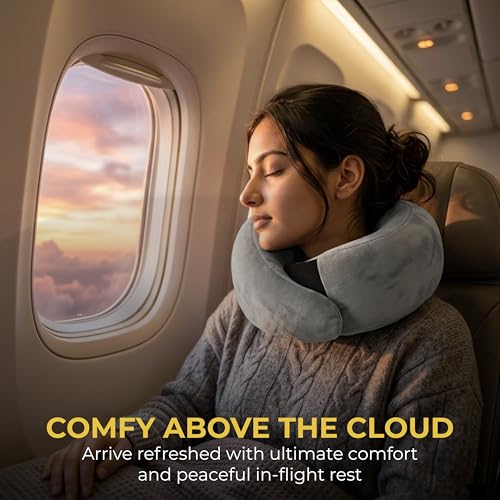 Travel Neck Pillow – Airplane Travel Essentials with Ergonomic Memory Foam Comfort – Premium Travel Pillows for Airplanes and Long Journeys, Compact Carry Pouch (Grey)