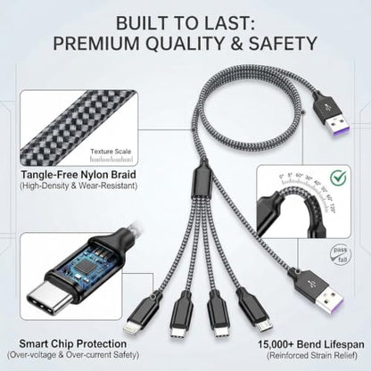 4 in 1 Multi Charging Cable 4ft 2 Pack,Braided MFi Certified Charger Cable - color: Black Grey-4ft