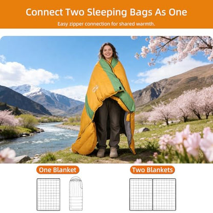3-in-1 Lightweight Down Sleeping Bag for Adults and Teens | with Detachable Hood,Compact, 20°F 32°F 45°F Rectangular Down Blanket Sleeping Bag,Camping Hiking and Backpacking Outdoor - color: orange 500g filling