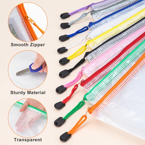 64 Pack A4 Letter Size Mesh Zipper Pouch Bags, 8 Colors - size: 13.4 x 9.2 in-64pcs