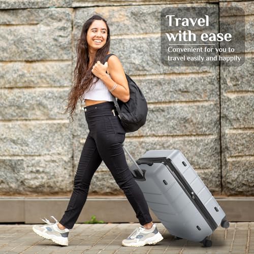 NEWBULIG 24 Inch Checked Luggage, Expandable Suitcase with Spinner Wheels - color: Light Grey, size: 24 Inch