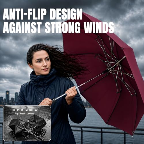Collapsible Windproof Umbrella Travel - 42inch Auto Open & Manual Close - color: 05.Wine Red