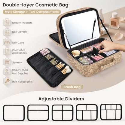 Makeup Bag with LED Lighted Mirror 12.2 IN Cosmetic Train Case Double Layer - color: 12.2 Inch Khaki Floral