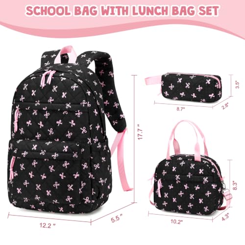 Quilted Backpack for Girls with Lunch Box Pencil Case - color: Black Bows