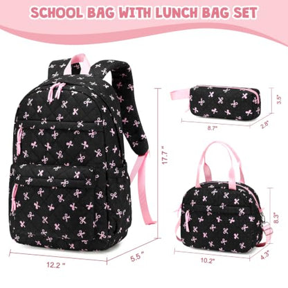 Quilted Backpack for Girls with Lunch Box Pencil Case - color: Black Bows