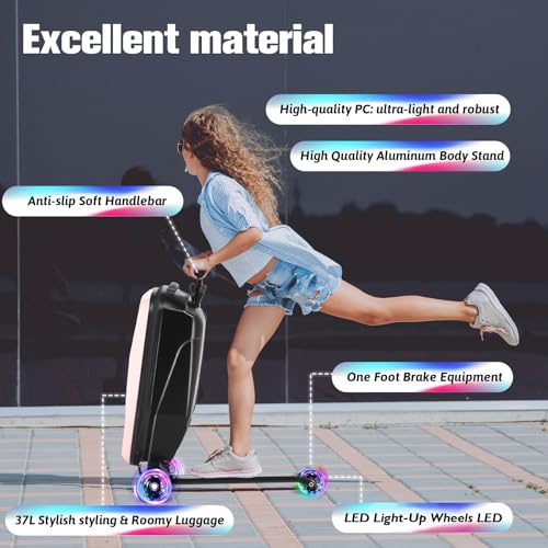 Scooter Luggage for Kids, Ride On Suitcase, Lightweight Foldable Luggage - color: Light Pink