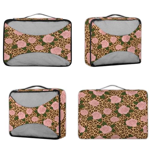 Animal Tiger Leopard Print Rose Flower Packing Cubes 4 Pack Travel Packing Bags Individual Carry on Suitcases Underwear Luggage Mesh Organizer Packing Cubes Set for Travel Bag Backpack - color: Leopard Print