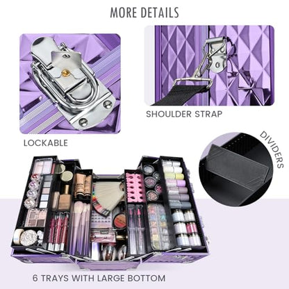 FRENESSA Makeup Train Case Makeup Case 12.6 Inch Large Cosmetic Box Organizer Travel Storage Professional Make Up Train Carrying Case with 6 Trays Locking Shoulder Strap Hard Vanity Storage Purple - color: Purple