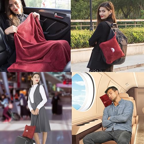 BlueHills Premium Soft Travel Blanket Pillow Airplane 2 in 1 Combo Warm Red - color: Red-1pk-t001