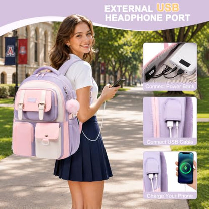 Backpack for Girls, School Backpacks for Teen Girls with Lunch Box - color: Purple Pink