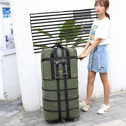 Expandable Extra Large Travel Oxford Duffel Bag with Wheels - color: Green Canvas, size: XL - 6 wheels