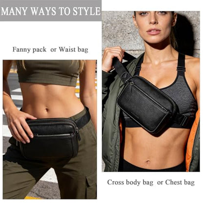 Fanny Packs for Women, Large Vegan Leather Waterproof Belt Bag, Black - color: Black