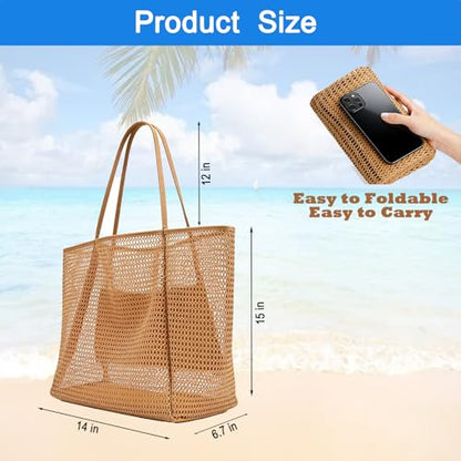 Women's Large Mesh Beach Bag Tote–Waterproof Sandproof Foldable with Zipper Pockets for Summer Travel & Vacation - color: Beige