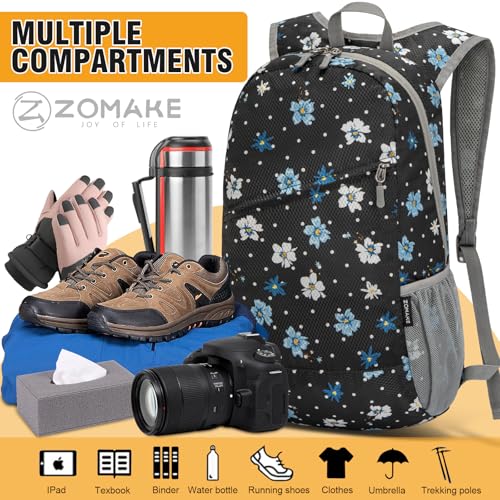 ZOMAKE Lightweight Packable Backpack 20L, Foldable Small Daypack for Hiking - color: Black, White Polka Dot Floral