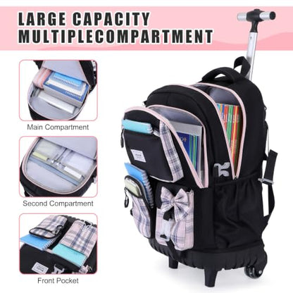 Bevalsa Rolling Backpack for Girls, Roller Backpack with Wheels - color: Black Pink