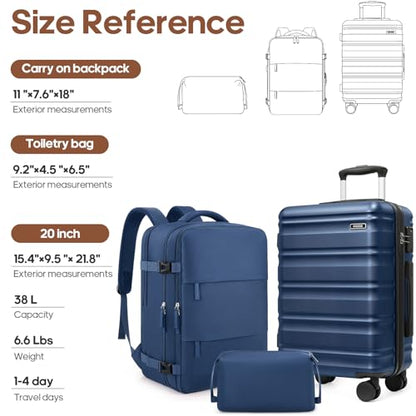 Carry On Luggage 22x14x9 Airline Approved, 3 Piece Set with Backpack - color: Navy Blue, size: 3 piece set (20inch)