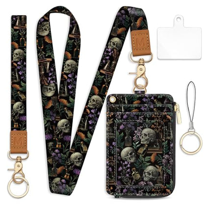 Lanyard Wallet with Id Badge Holder Goth Keychain for Card Women - color: Goth Skull