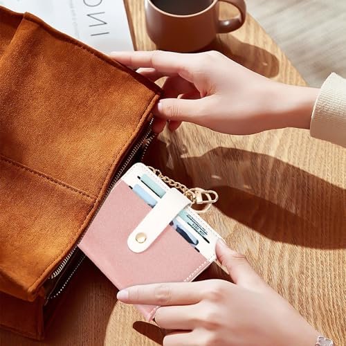 Airkit Small Wallet Women RFID, PU Leather Card Holder with Keychain - color: Pink & White