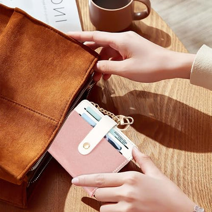 Airkit Small Wallet Women RFID, PU Leather Card Holder with Keychain - color: Pink & White