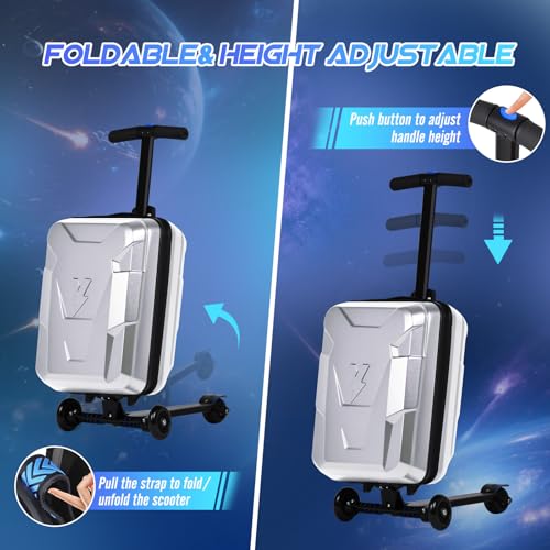 2-in-1 Folding Scooter Luggage for Kids & Adults, Ride-On Suitcase - color: silver