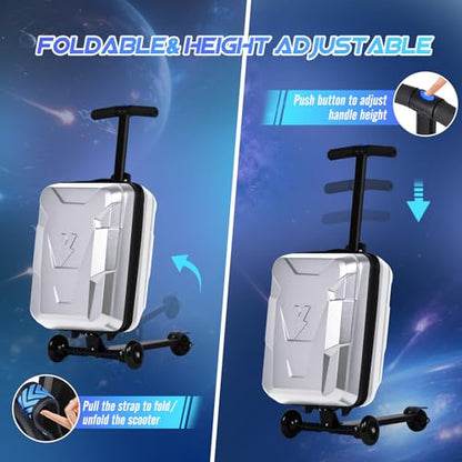 2-in-1 Folding Scooter Luggage for Kids & Adults, Ride-On Suitcase - color: silver