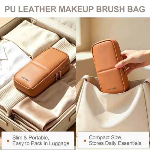 Standing Travel Makeup Brush Bag, Small Brush Holder Cosmetic Bag, Brown - color: Brown, size: S