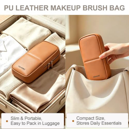 Standing Travel Makeup Brush Bag, Small Brush Holder Cosmetic Bag, Brown - color: Brown, size: S