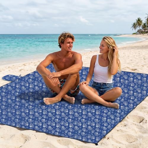 OIGAE Beach Blanket Waterproof Sandproof Oversized Beach Mat - color: Blue Sea Shells, size: 7x8 Ft (2～5 person)