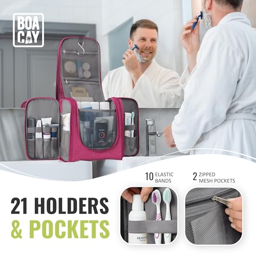 BOACAY Extra Large Hanging Travel Toiletry Bag for Women and Men, Makeup Bag - color: (X-Large) Cerise Pink - Gray Interior