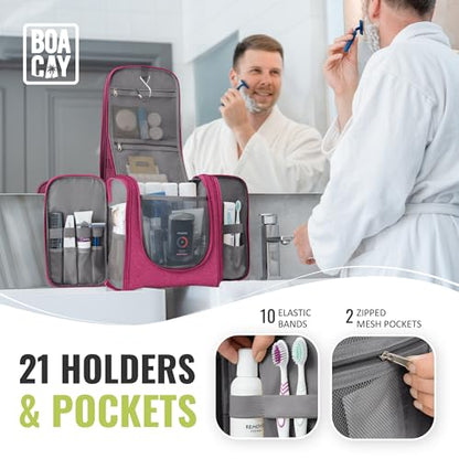 BOACAY Extra Large Hanging Travel Toiletry Bag for Women and Men, Makeup Bag - color: (X-Large) Cerise Pink - Gray Interior