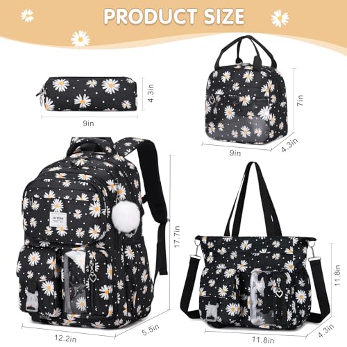 ACESAK Backpack for Girls with Tote Bag (Black Daisy) - color: Black Daisy