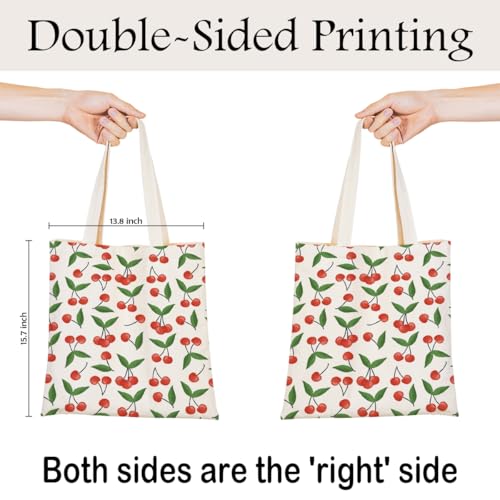 Fruit Canvas Tote Bag, Reusable Cute Shoulder Bag for Shopping Travel - color: Cherry