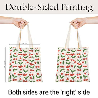 Fruit Canvas Tote Bag, Reusable Cute Shoulder Bag for Shopping Travel - color: Cherry